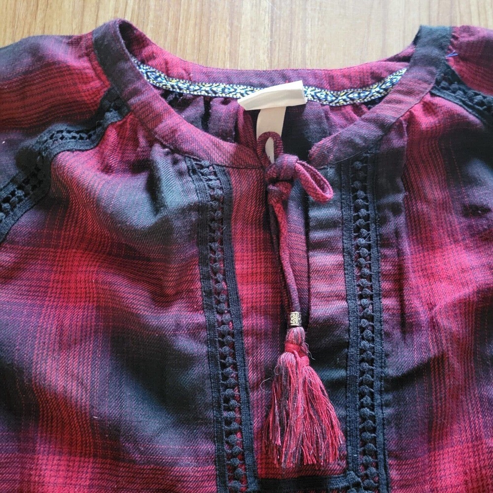 Knox Rose Shirt Top Women Size Medium Red Black Plaid Boho Balloon Sleeve Tassel - Picture 3 of 10